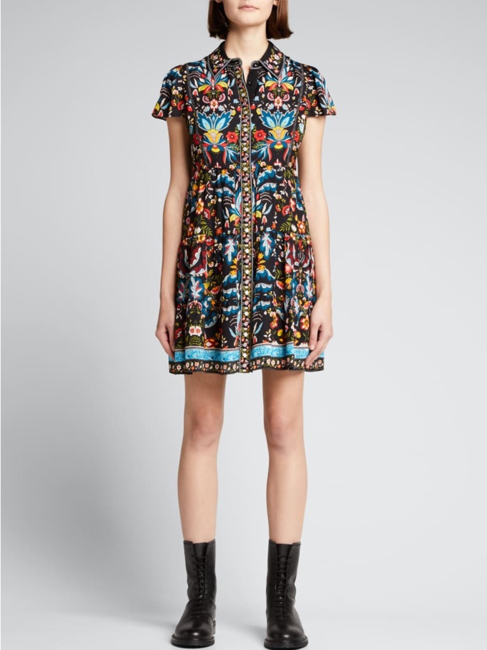 Alice + Olivia Meeko Embroidered Tiered Floral Print Crepe Mini Shirt Dress 4